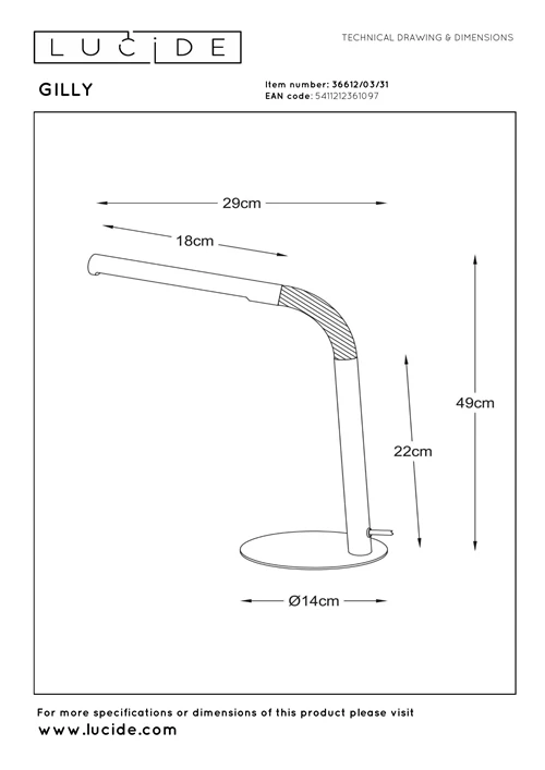Lucide GILLY - Bureaulamp - LED - 1x5W 2700K - Wit - technisch